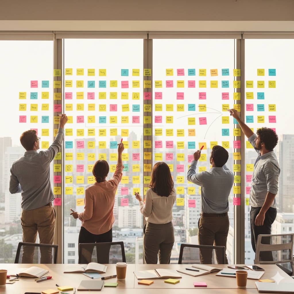 Team standing in front of glass wall with stickie notes depicting team conversations, discussing trade off, workplace psychological safety, a psychologically safe team, and interpersonal risk taking