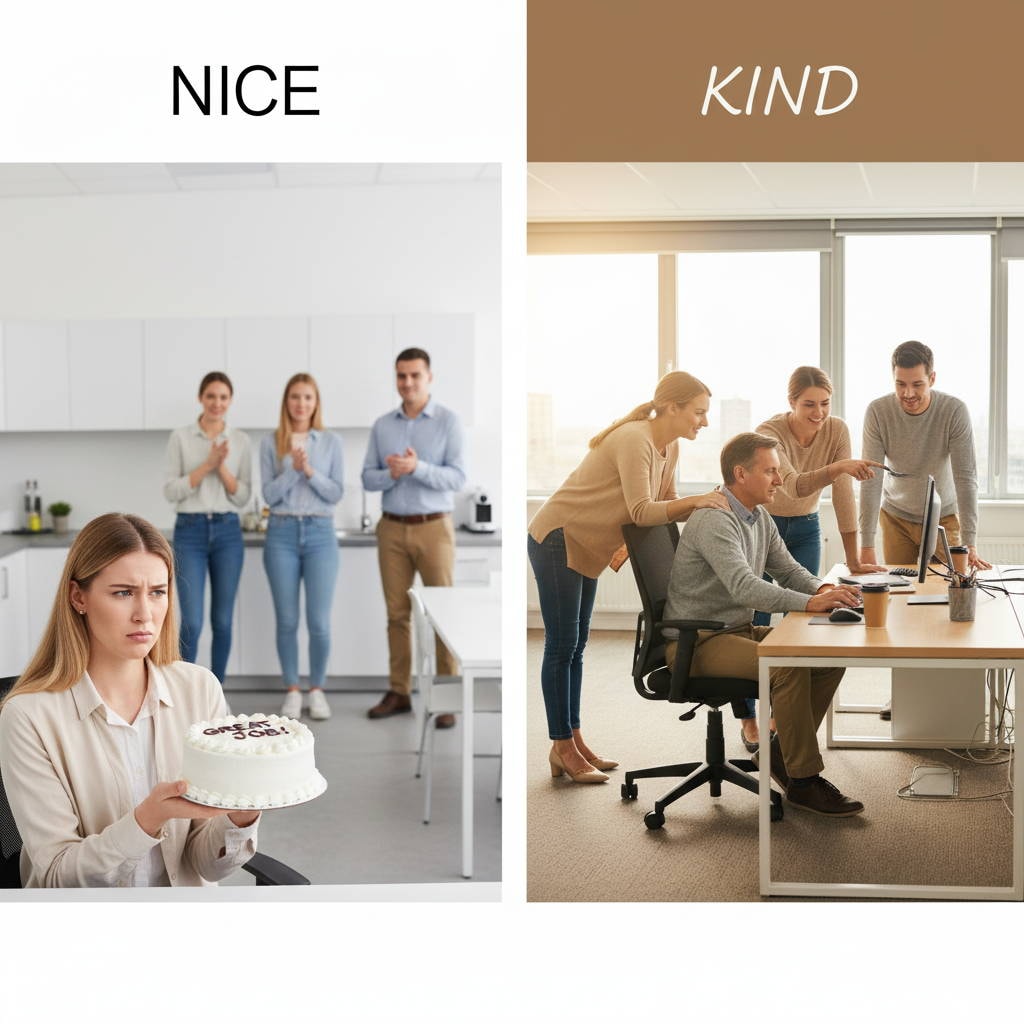 two side-by-side images. Woman looking dismayed, holding a cake with "great job" written on top and coworkers standing in backgroun. Another image shows a team of people helping someone behind a computer showing support and being kind.