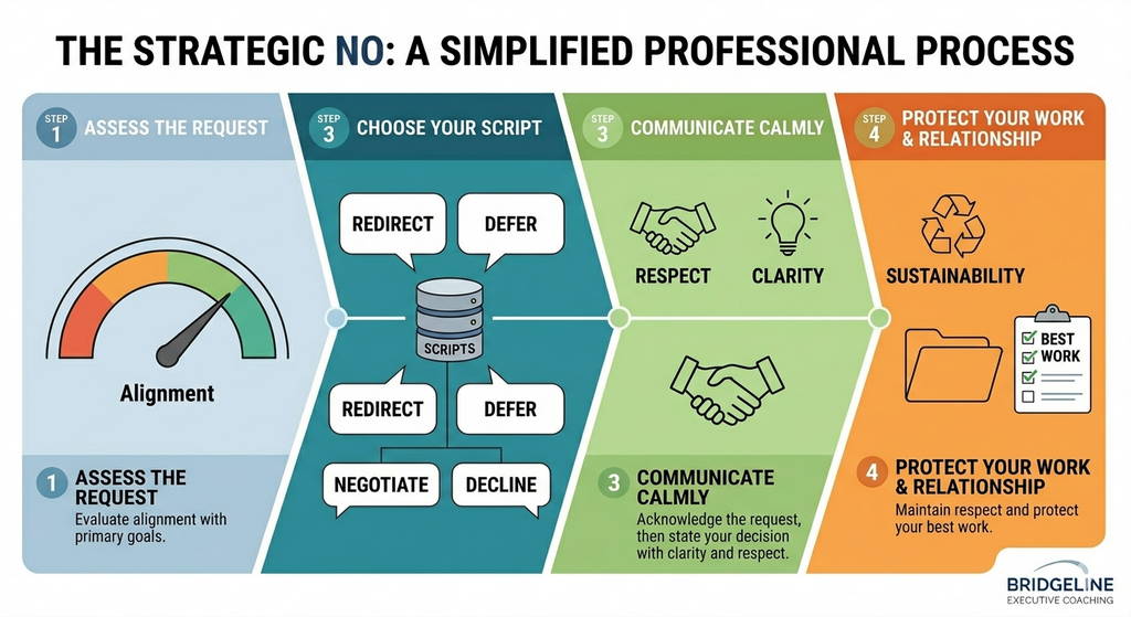 Strategic process for saying no at work while protecting priorities and professional relationships