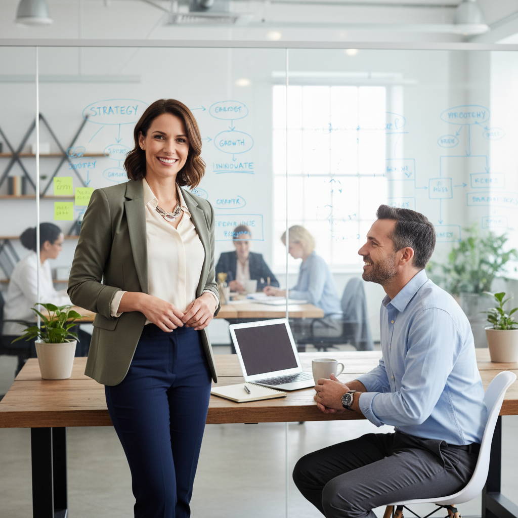 Confident business leader with motivated and happy colleagues in a modern office.