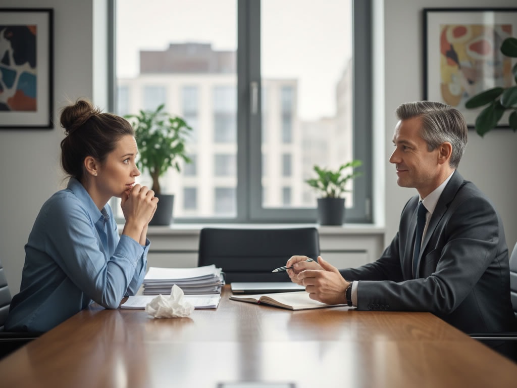A business woman and man sitting across the table form each other depicting challenging discussions and tough conversations