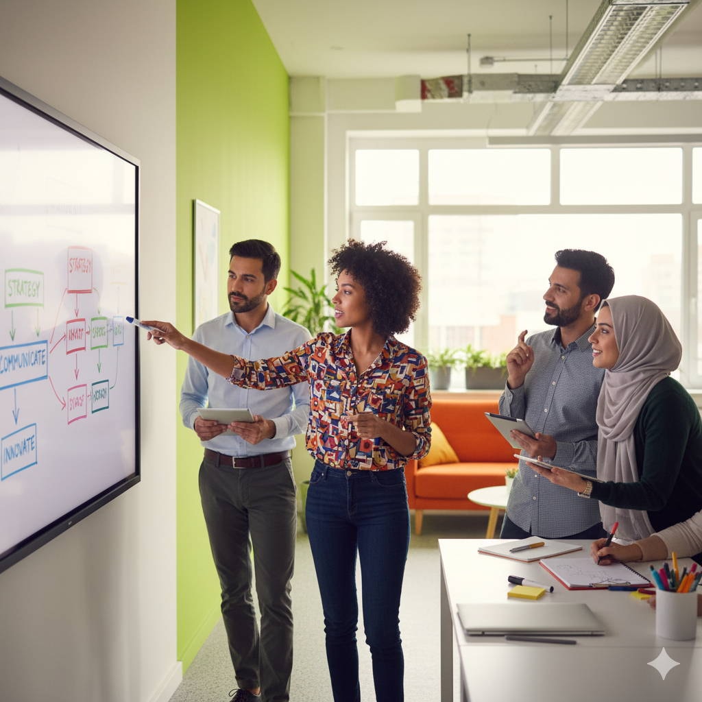 Group of colleagues staning by a whiteboard demonstrating communication skills and active listening