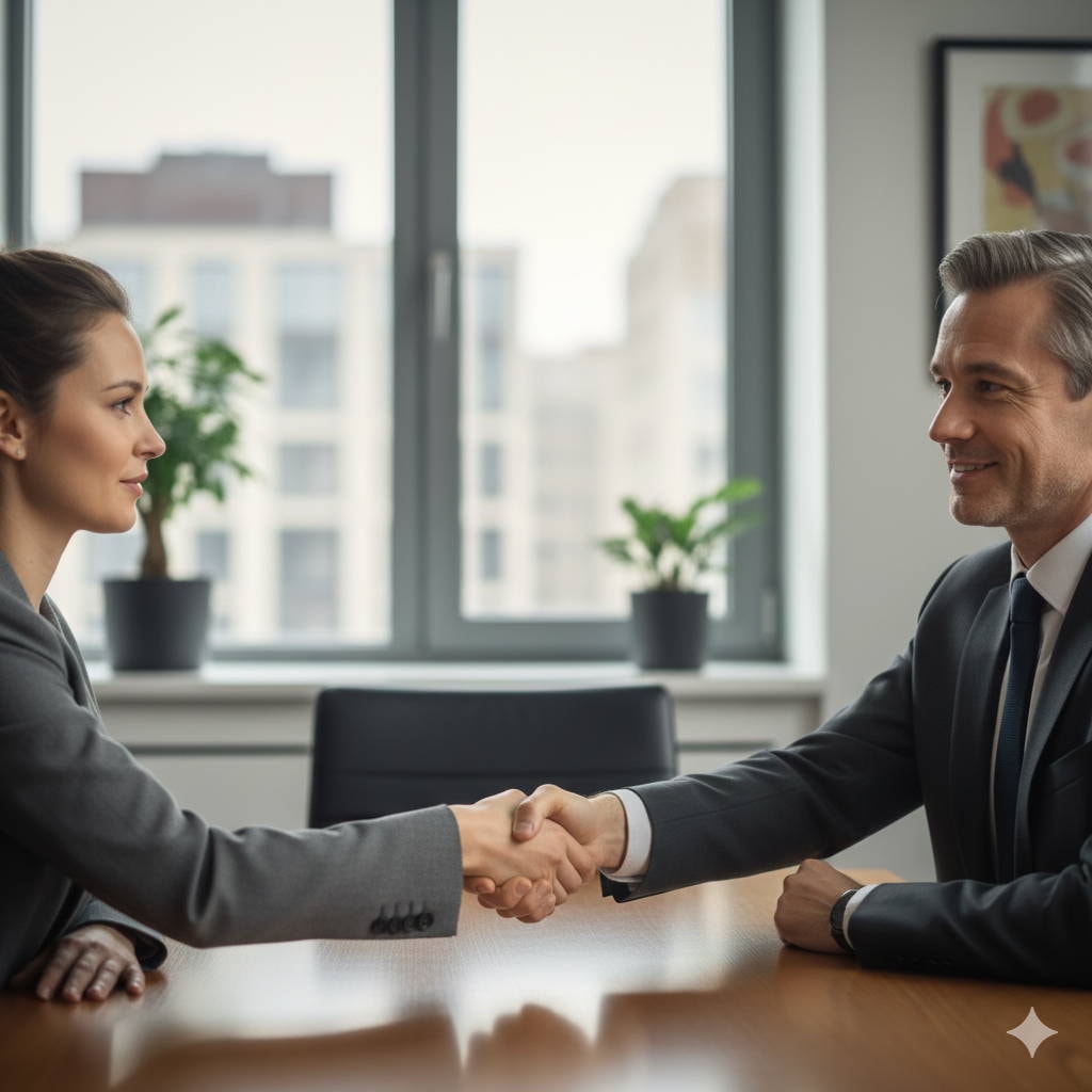Two business colleagues shaking hand, depicting positive body language and the conclustion of a challenging dialogue.