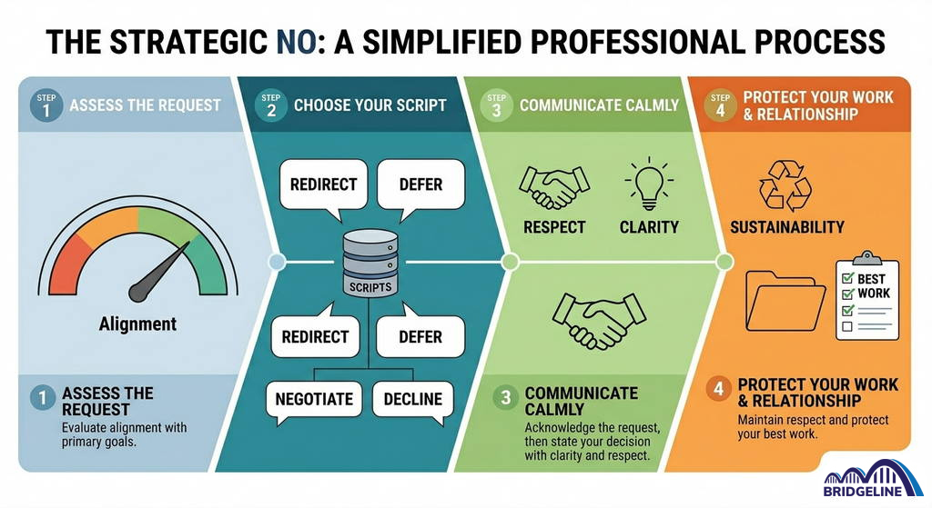 Strategic process for saying no at work while protecting priorities and professional relationships